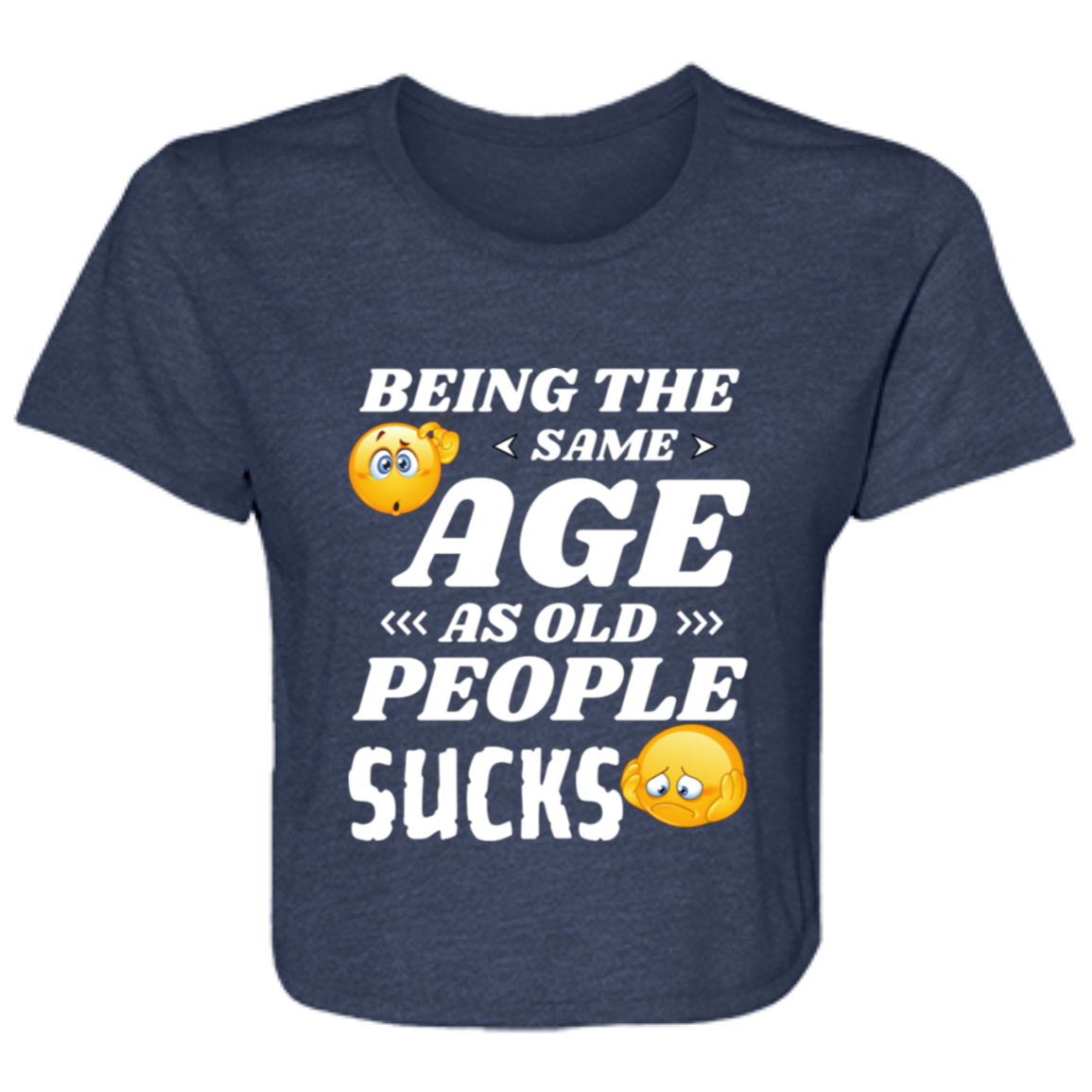 navy women's flowy cropped tee with the humorous quote "Being the same age as old people sucks" and colorful emoji graphics.