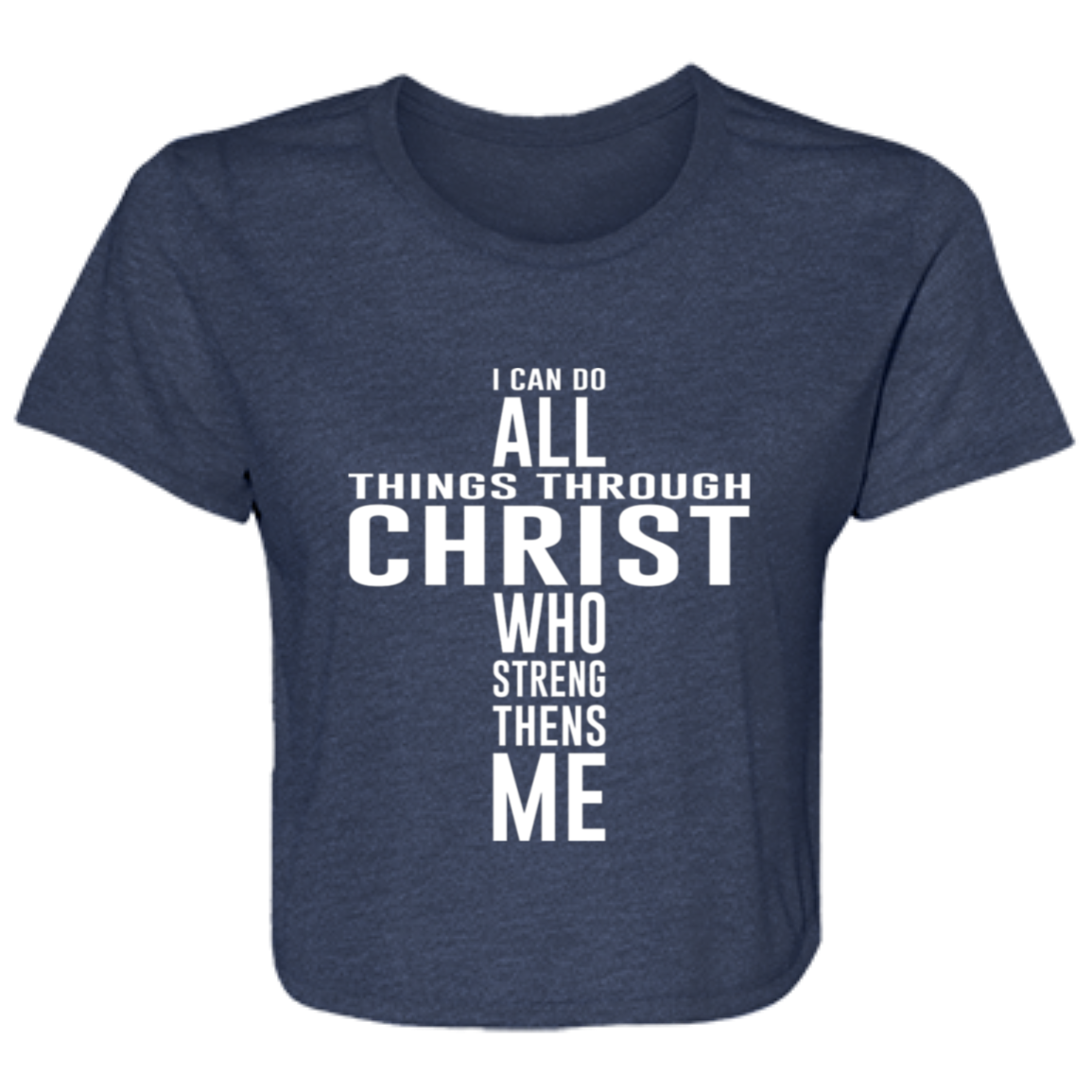 navy women's flowy cropped tee featuring a heartfelt quote 'I can do all things through Christ who strengthens me' formatted in the shape of the cross - stylish casual shirt for faith filled women