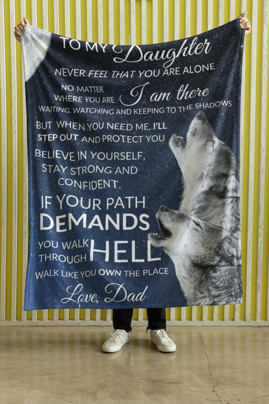 Premium Black Sherpa Blanket featuring a heartfelt message from a father to his daughter with two howling wolves against a night sky backdrop.