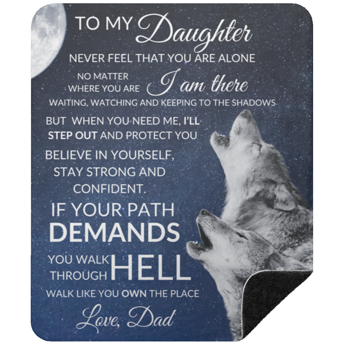 Premium Black Sherpa 50x60 Blanket featuring a heartfelt message from a father to his daughter with two howling wolves against a night sky backdrop.