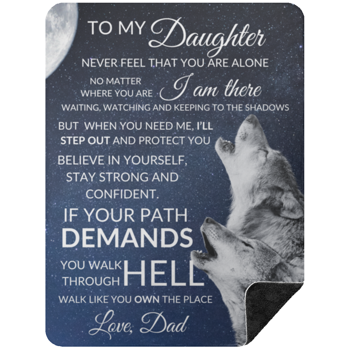 Premium Black Sherpa 60x80 Blanket featuring a heartfelt message from a father to his daughter with two howling wolves against a night sky backdrop.