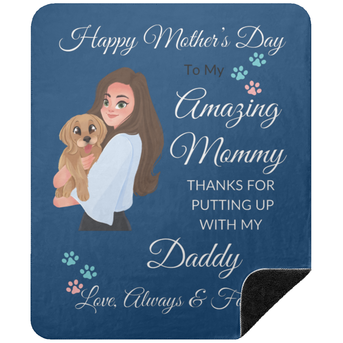 Premium black sherpa blanket for Mother's Day with silky smooth royal blue front and fluffy black sherpa back, featuring a heartfelt message for mom.