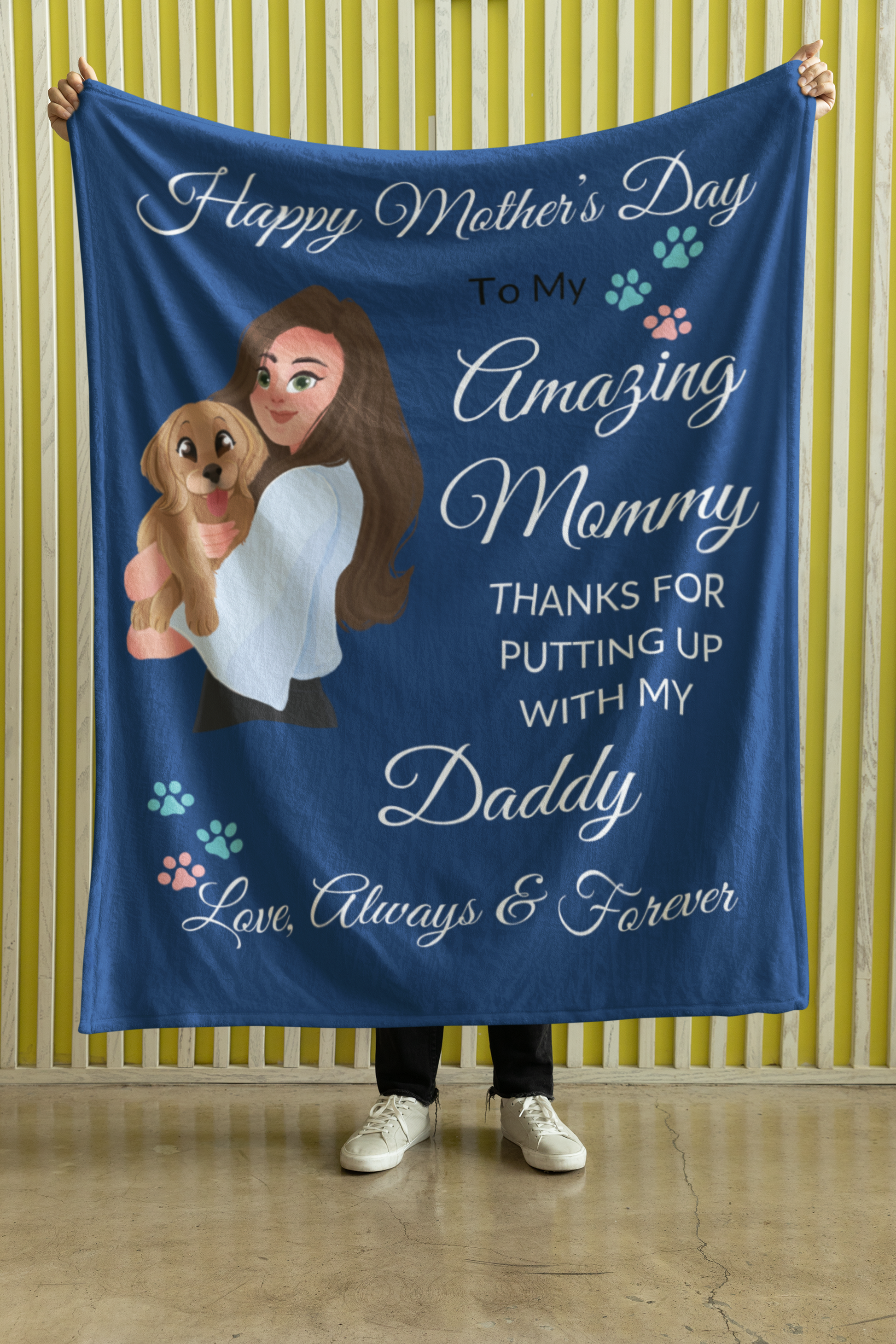 Premium black sherpa blanket for Mother's Day with silky smooth royal blue front and fluffy black sherpa back, featuring a heartfelt message for mom.