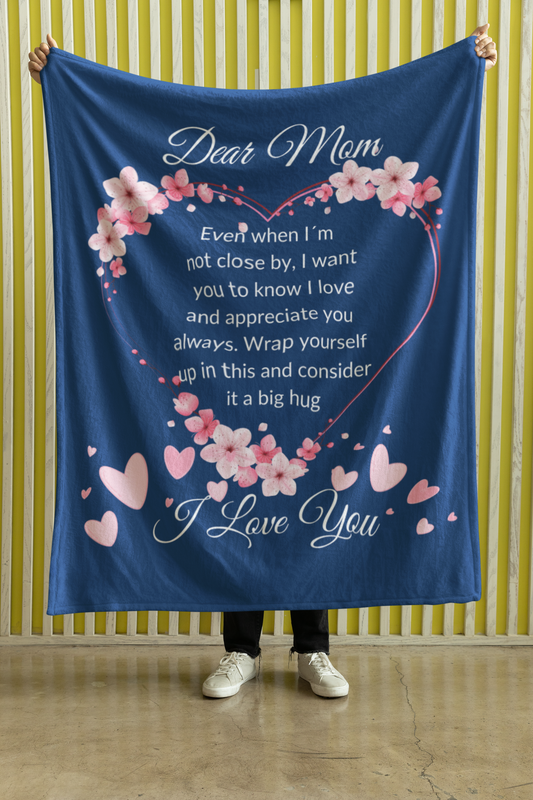 Premium Black Sherpa Blanket with heartfelt message for mom, featuring a silky smooth royal front with a flower adorned heart design.