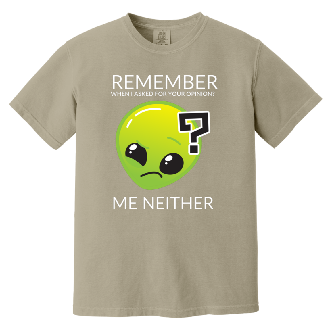 sandstone heavyweight garment-dyed cotton t-shirt featuring humorous quote 'Remember when I asked for your opinion?... me neither' with alien graphic of Roswell