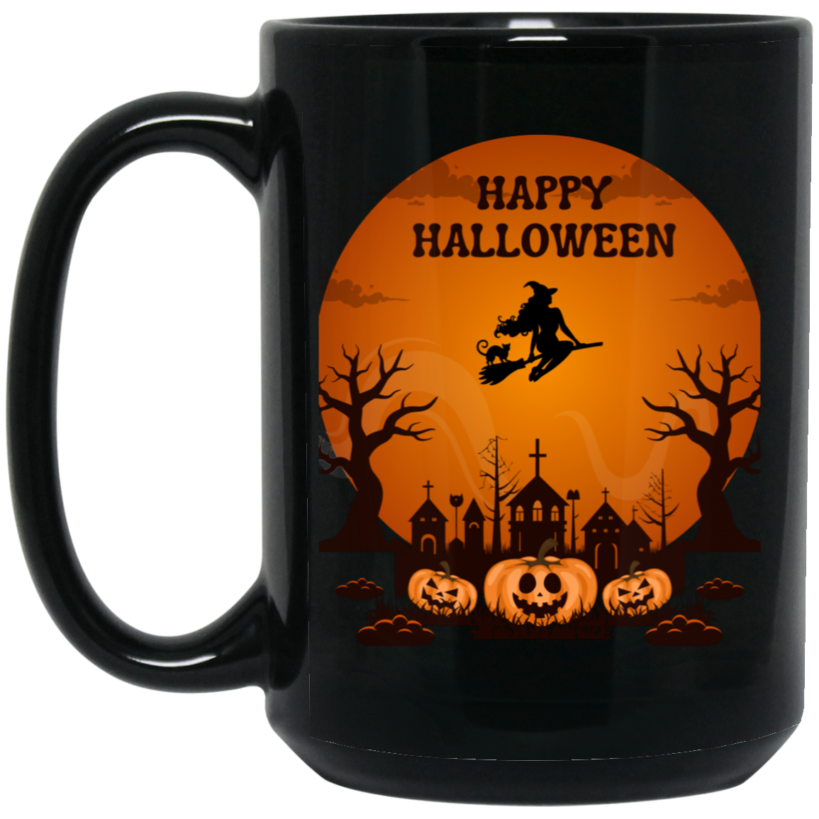 "Witch Flying Over Graveyard Mug - 15oz black ceramic mug featuring a witch flying over a church graveyard with 'Happy Halloween' text design."