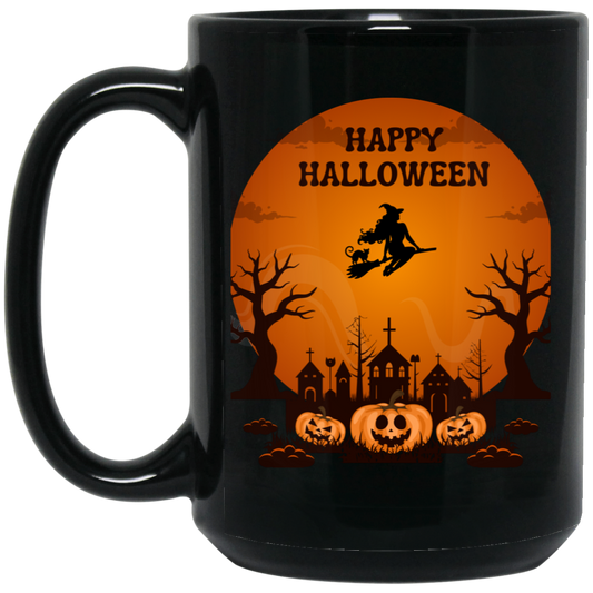 "Witch Flying Over Graveyard Mug - 15oz black ceramic mug featuring a witch flying over a church graveyard with 'Happy Halloween' text design."